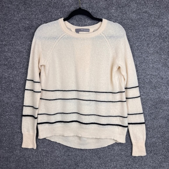 360 Sweater Cream & Black Striped 100% Cashmere Crew Neck Pullover Sweater - M - Picture 1 of 10